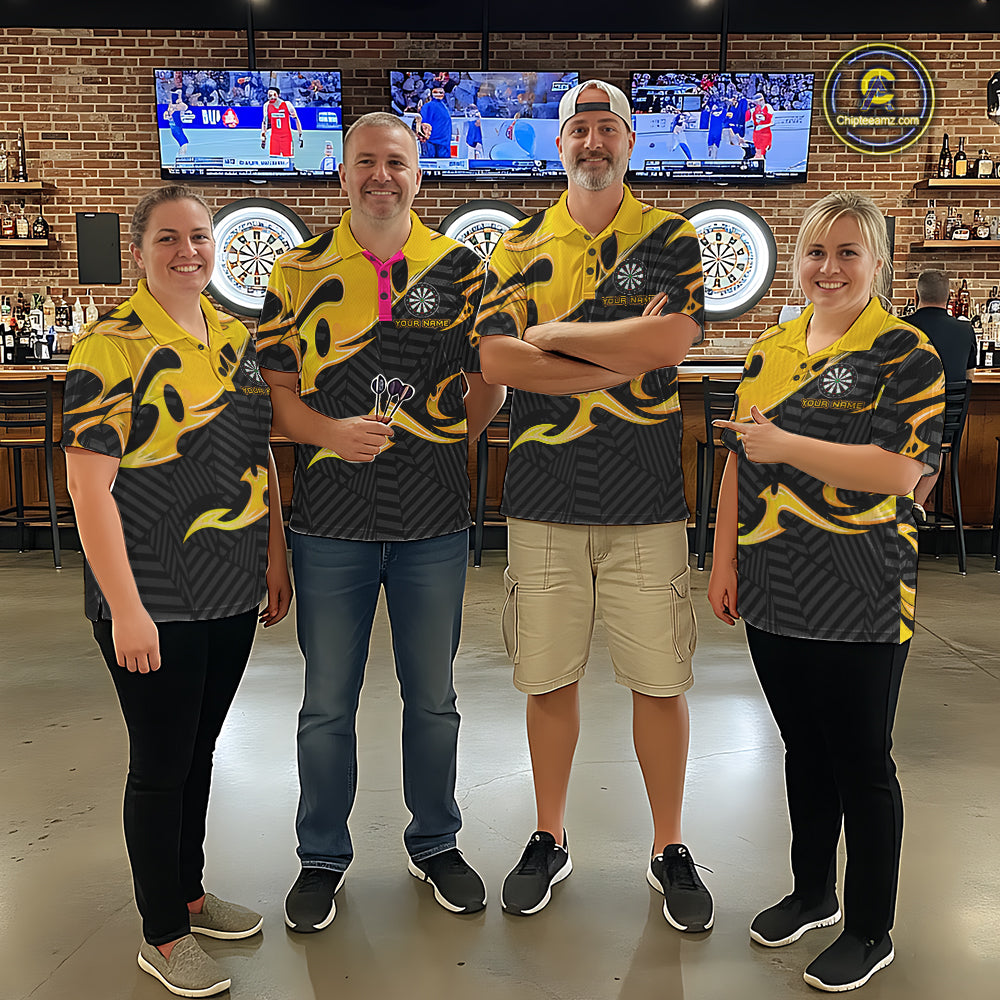 Custom Yellow And Black Tribal Flame Darts Shirts For Men Darts Team Jerseys Polo & Quarter Zip TDM7611