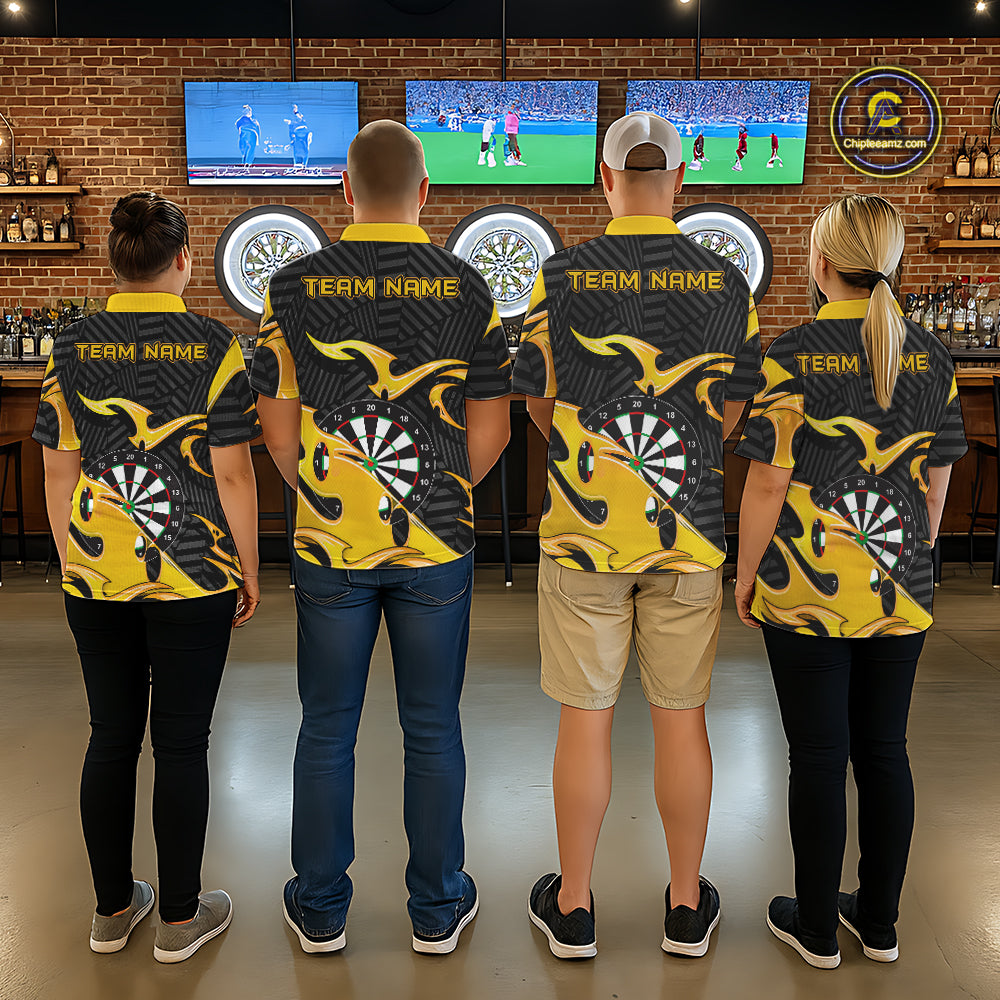 Custom Yellow And Black Tribal Flame Darts Shirts For Men Darts Team Jerseys Polo & Quarter Zip TDM7611