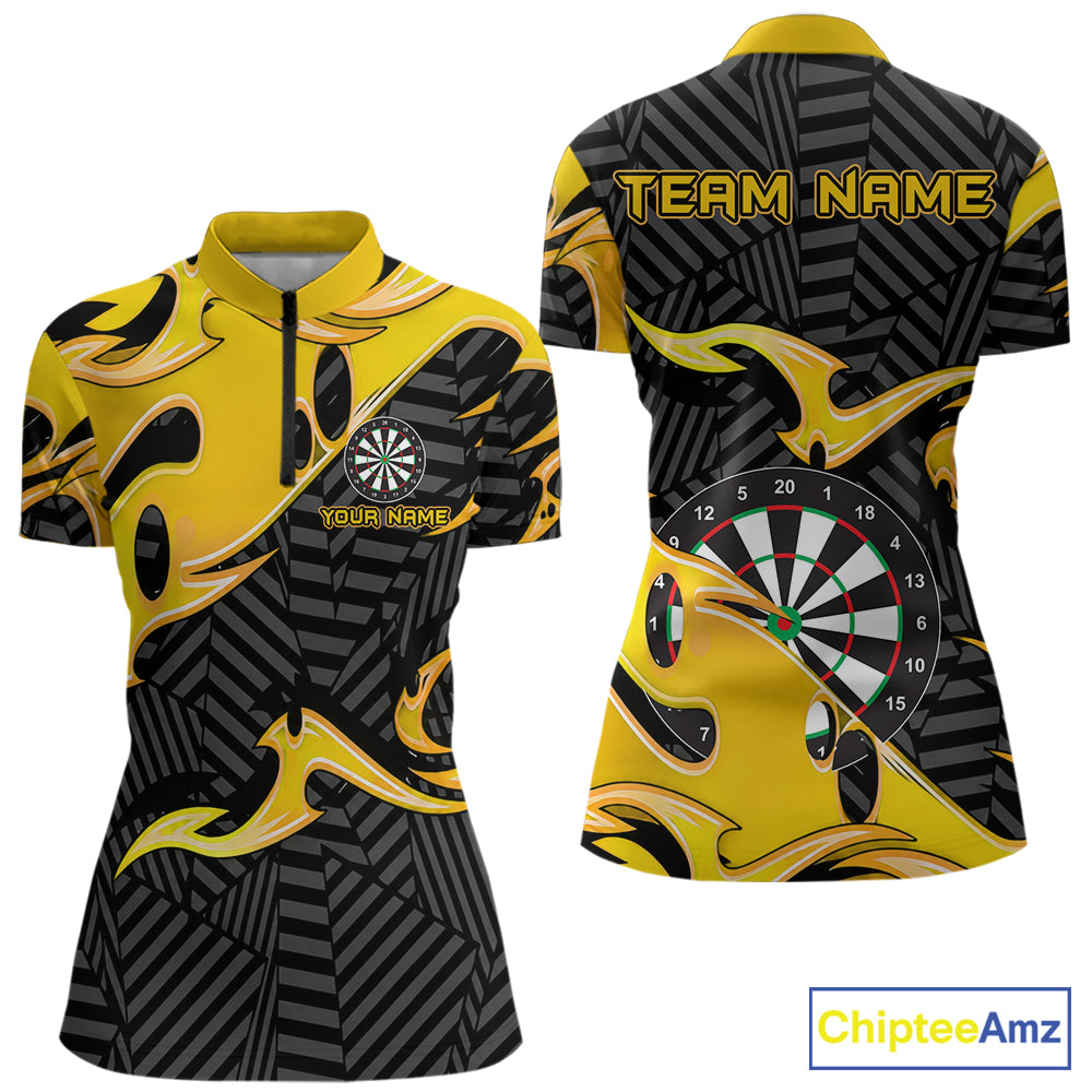 Custom Yellow And Black Tribal Flame Darts Shirts For Women Darts Team Jerseys Polo & Quarter Zip TDM7611