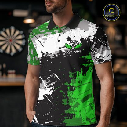 Green Grunge Paint Splatter Darts Shirts For Men Custom Darts Jersey Team Polo & Quarter Zip TDM7616