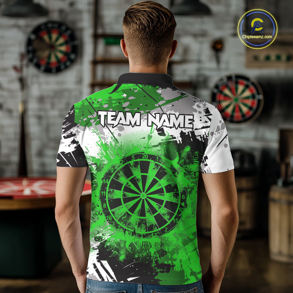 Green Grunge Paint Splatter Darts Shirts For Men Custom Darts Jersey Team Polo & Quarter Zip TDM7616