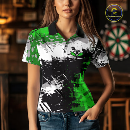 Green Grunge Paint Splatter Darts Shirts For Women Custom Darts Jersey Team Polo & Quarter Zip TDM7616