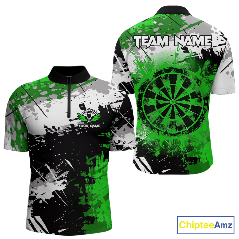 Green Grunge Paint Splatter Darts Shirts For Men Custom Darts Jersey Team Polo & Quarter Zip TDM7616