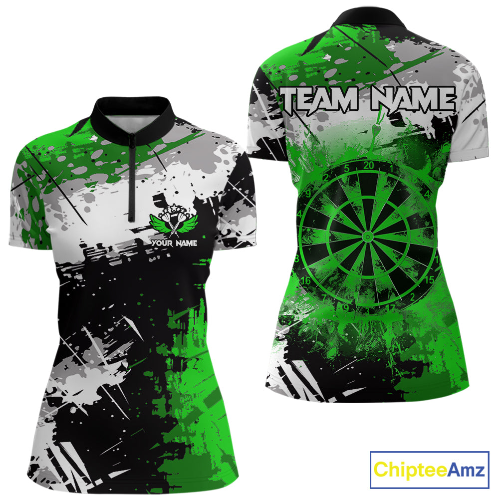 Green Grunge Paint Splatter Darts Shirts For Women Custom Darts Jersey Team Polo & Quarter Zip TDM7616