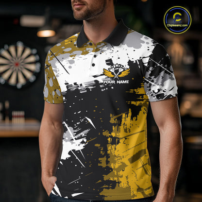 Yellow Grunge Paint Splatter Darts Shirts For Men Custom Darts Jersey Team Polo & Quarter Zip TDM7617