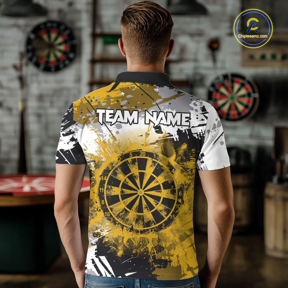Yellow Grunge Paint Splatter Darts Shirts For Men Custom Darts Jersey Team Polo & Quarter Zip TDM7617