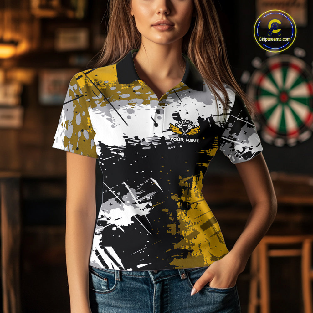 Yellow Grunge Paint Splatter Darts Shirts For Women Custom Darts Jersey Team Polo & Quarter Zip TDM7617