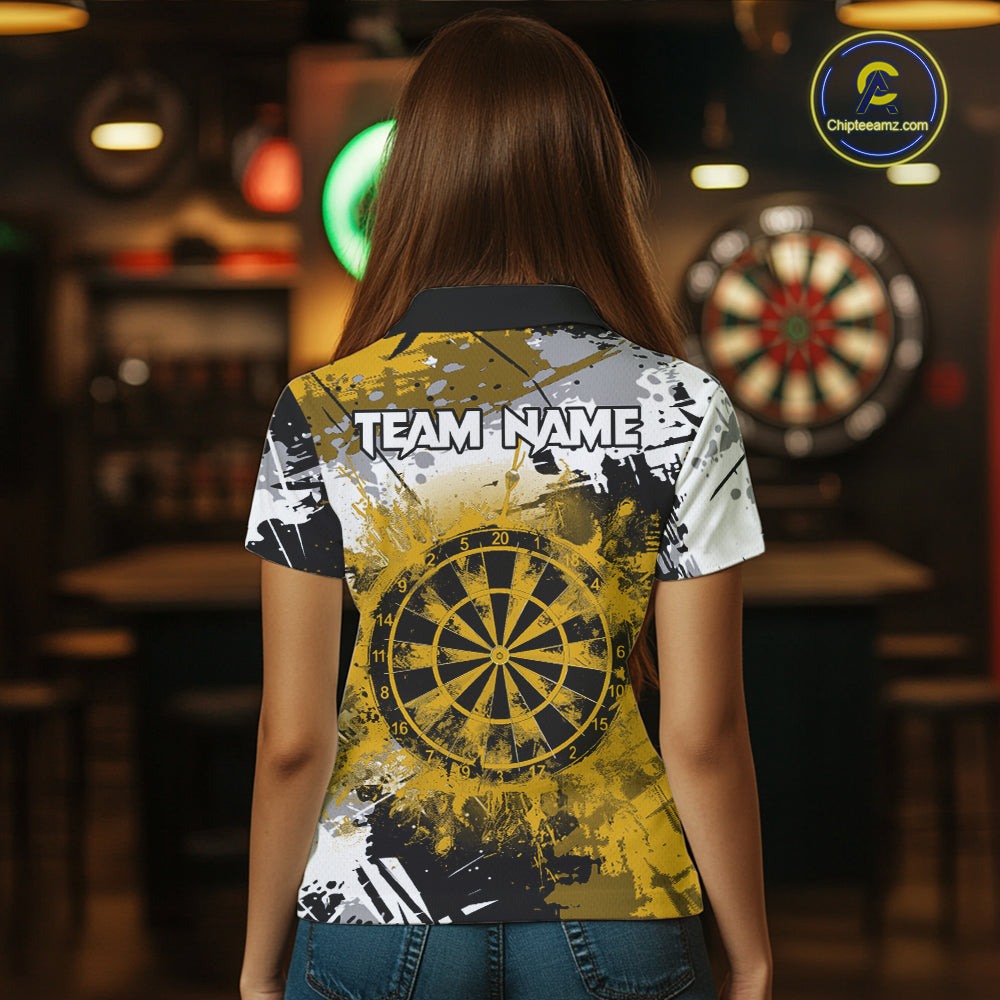 Yellow Grunge Paint Splatter Darts Shirts For Women Custom Darts Jersey Team Polo & Quarter Zip TDM7617