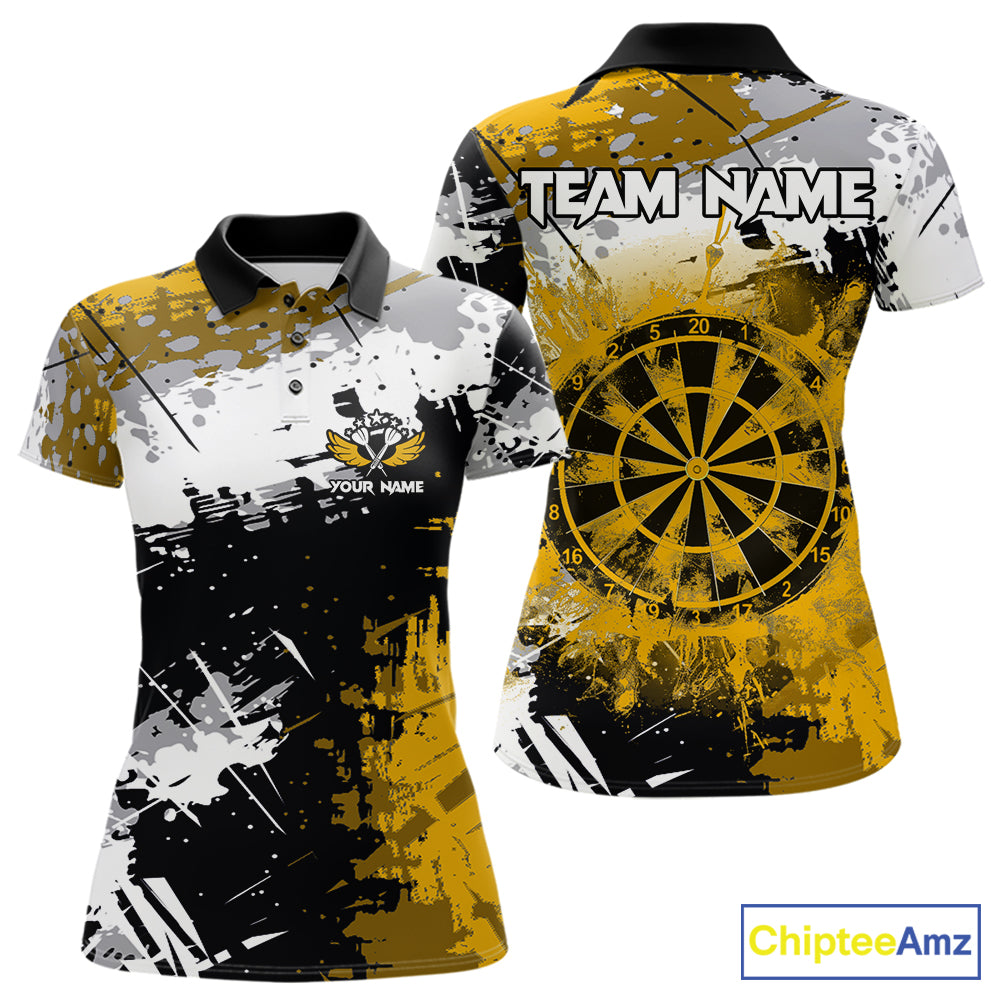 Yellow Grunge Paint Splatter Darts Shirts For Women Custom Darts Jersey Team Polo & Quarter Zip TDM7617