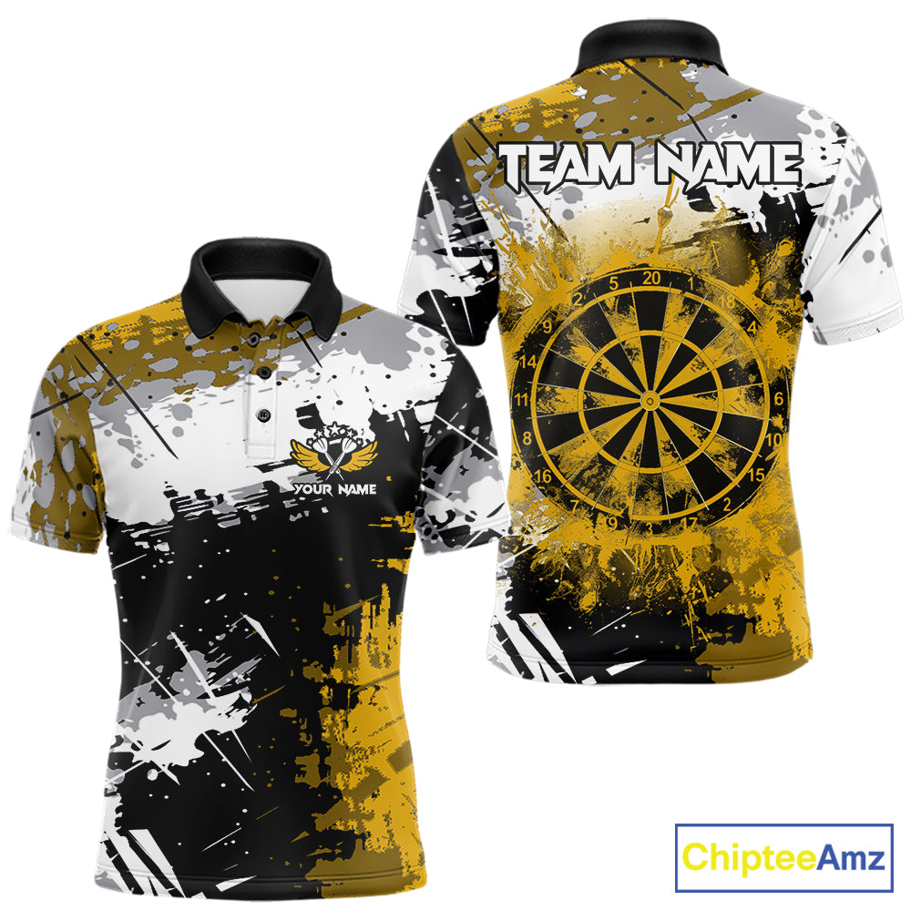 Yellow Grunge Paint Splatter Darts Shirts For Men Custom Darts Jersey Team Polo & Quarter Zip TDM7617