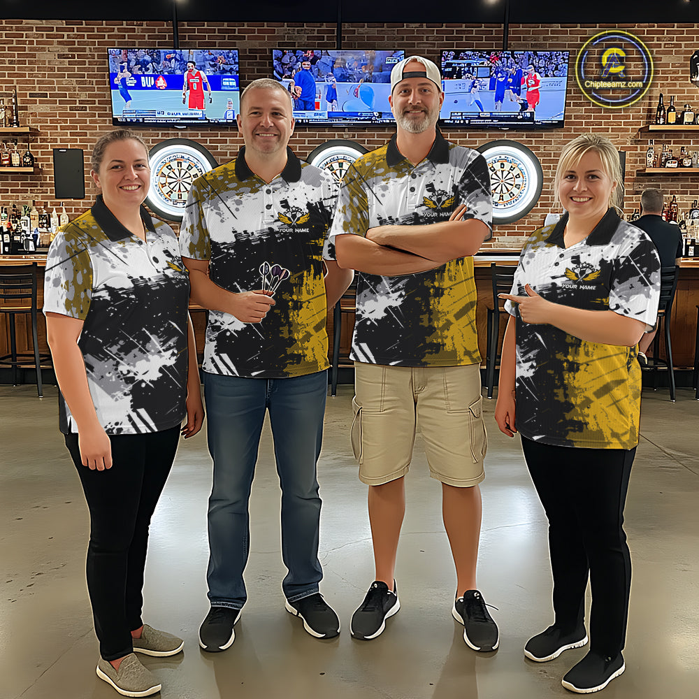 Yellow Grunge Paint Splatter Darts Shirts For Men Custom Darts Jersey Team Polo & Quarter Zip TDM7617