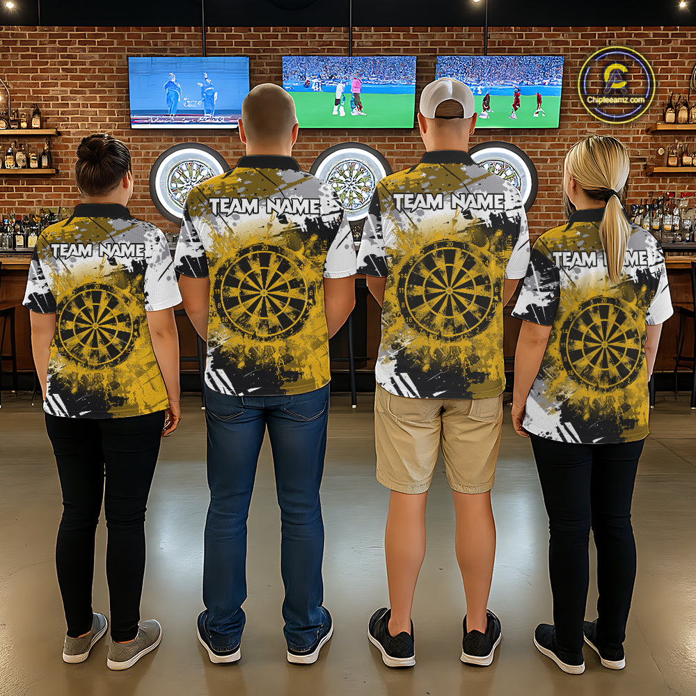Yellow Grunge Paint Splatter Darts Shirts For Men Custom Darts Jersey Team Polo & Quarter Zip TDM7617