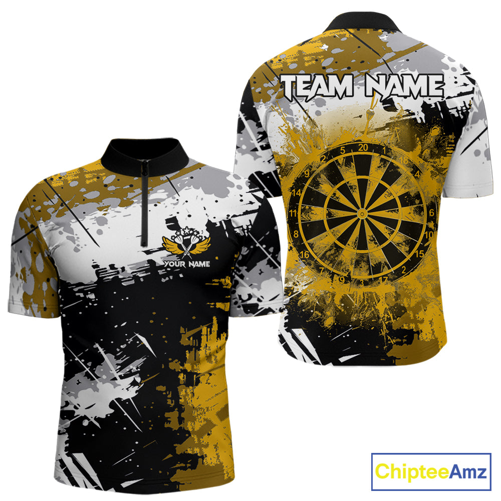 Yellow Grunge Paint Splatter Darts Shirts For Men Custom Darts Jersey Team Polo & Quarter Zip TDM7617