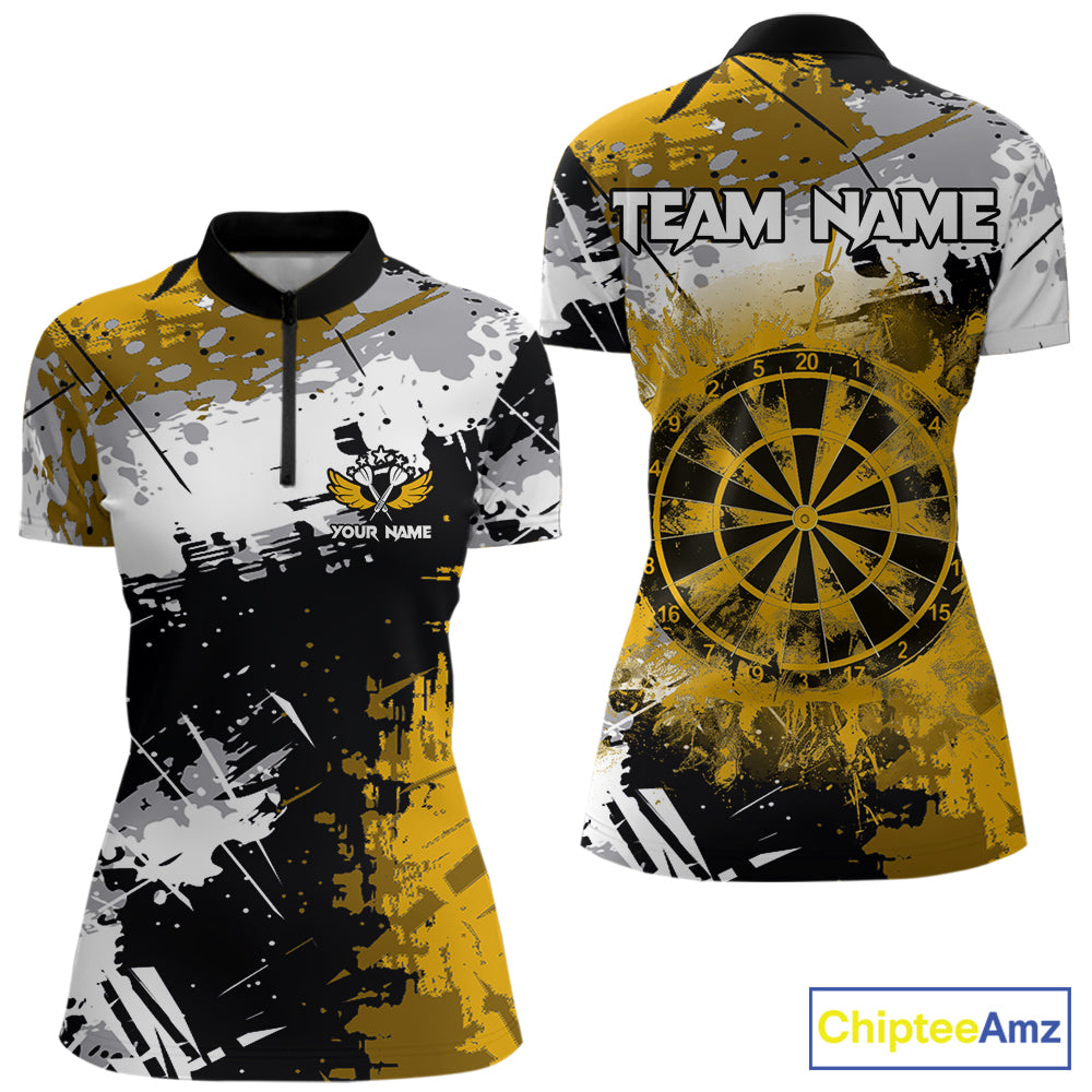 Yellow Grunge Paint Splatter Darts Shirts For Women Custom Darts Jersey Team Polo & Quarter Zip TDM7617