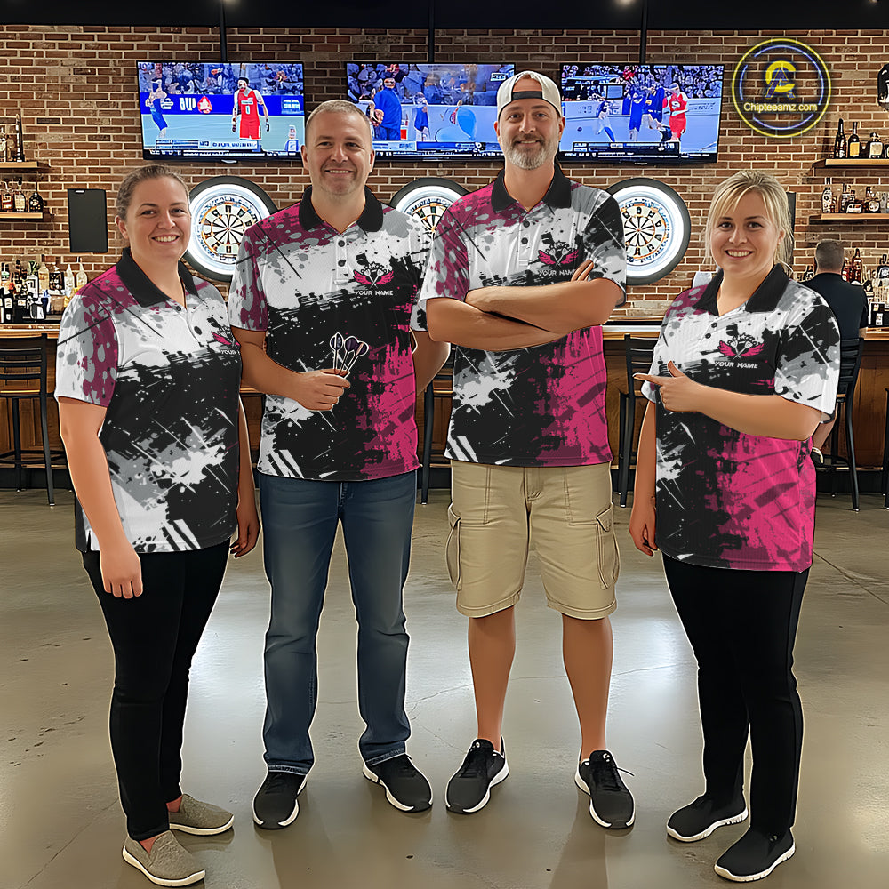 Pink Grunge Paint Splatter Darts Shirts For Men Custom Darts Jersey Team Polo & Quarter Zip TDM7618