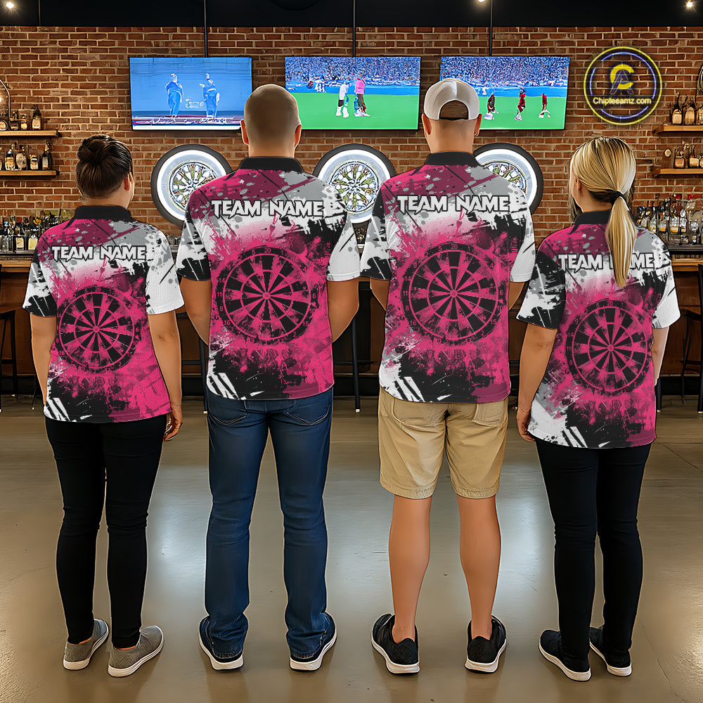 Pink Grunge Paint Splatter Darts Shirts For Men Custom Darts Jersey Team Polo & Quarter Zip TDM7618