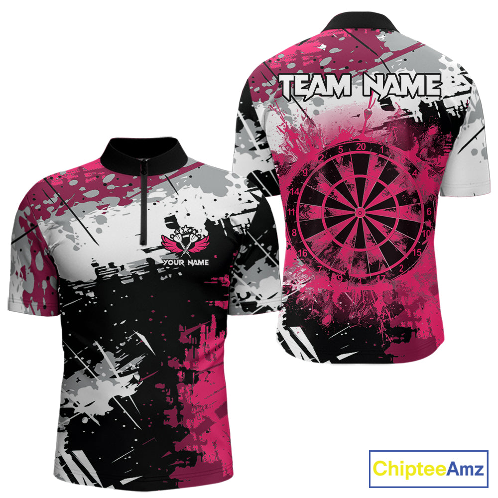 Pink Grunge Paint Splatter Darts Shirts For Men Custom Darts Jersey Team Polo & Quarter Zip TDM7618
