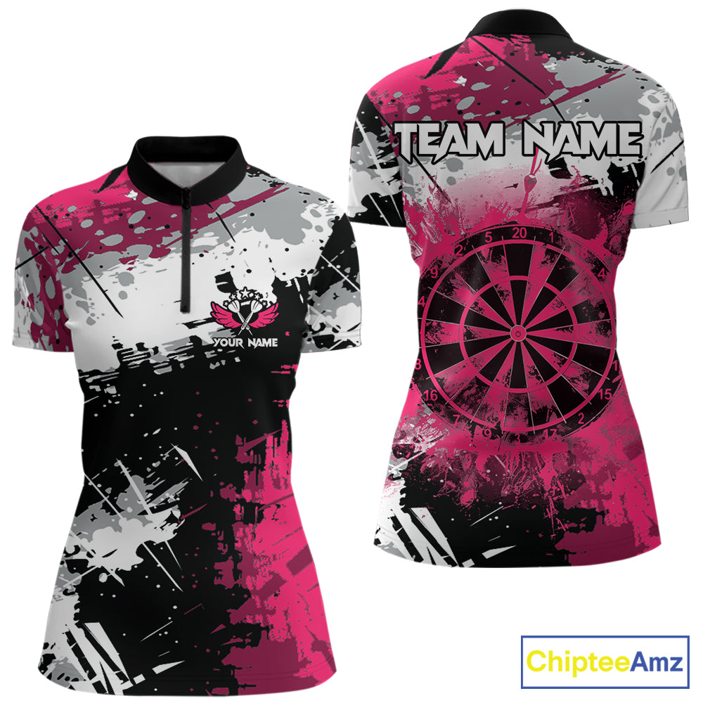 Pink Grunge Paint Splatter Darts Shirts For Women Custom Darts Jersey Team Polo & Quarter Zip TDM7618