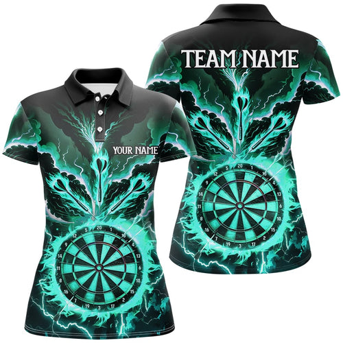 Personalized Lightning Smoke Fire Flame Turquoise Darts Shirts For Women, Darts League Team Jerseys TDM2802