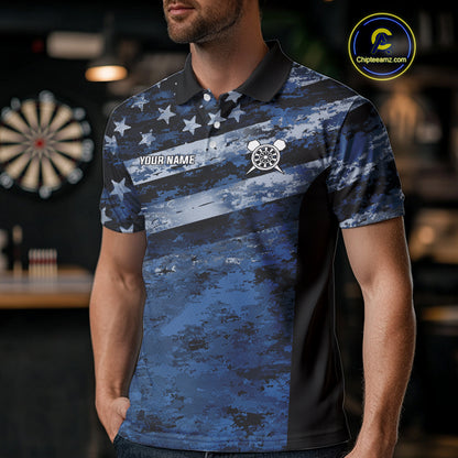 Blue Camo US Flag Dart Shirts With Pocket Option For Men Custom Darts Jersey TDM5275