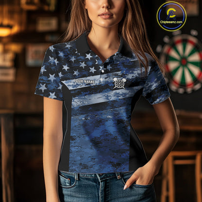 Blue Camo US Flag Dart Shirts With Pocket Option For Women Custom Darts Jersey TDM5275