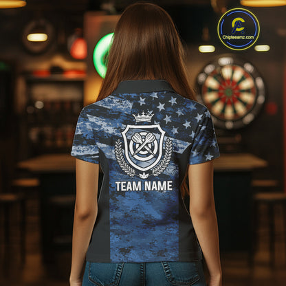 Blue Camo US Flag Dart Shirts With Pocket Option For Women Custom Darts Jersey TDM5275