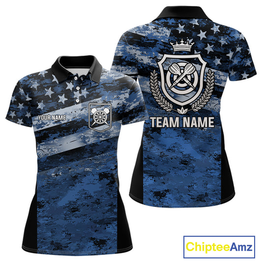 Blue Camo US Flag Dart Shirts With Pocket Option For Women Custom Darts Jersey TDM5275