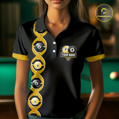 DNA Billiard 8 Ball & 9 Ball Shirts For Women Custom Funny Pool Jerseys Team Polo & 1/4 Zip |Yellow TDM5521