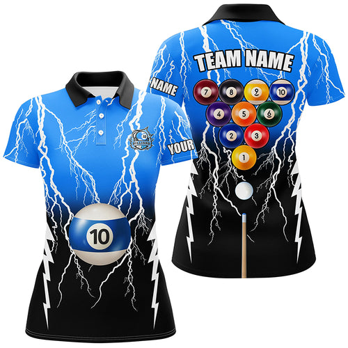 10 Ball Pool Custom Black Blue Lightning Thunder Women Polo Shirts, 10 Ball Billiard Apparel Clothing TDM0958
