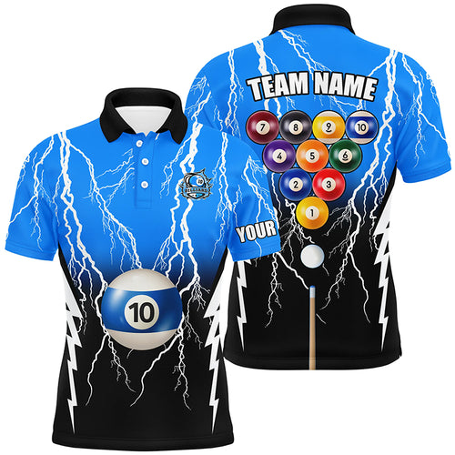 10 Ball Pool Custom Black Blue Lightning Thunder Men Polo Shirts, 10 Ball Billiard Apparel Clothing TDM0958
