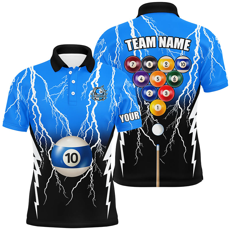 10 Ball Pool Custom Black Blue Lightning Thunder Men Polo Shirts, 10 Ball Billiard Apparel Clothing TDM0958