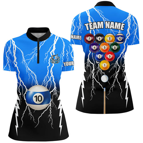 10 Ball Pool Custom Black Blue Thunder Women Quarter-Zip Shirts, Billiards Apparel Clothing TDM0958