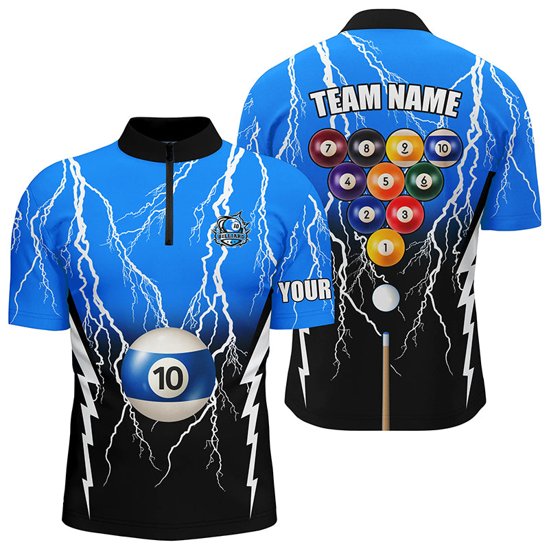 10 Ball Pool Custom Black Blue Thunder Men Quarter-Zip Shirts, Billiards Apparel Clothing TDM0958