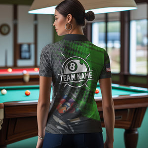 Green And Black Billiard Polo & Quarter-Zip Shirts For Women Custom Billiard Team Shirts Pool Jerseys TDM3474