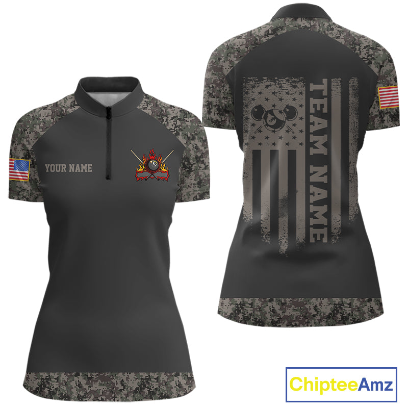 Personalized Retro Camo US Flag Billiard Shirt For Women Custom Pool Team Jersey Polo & 1/4 Zip TDM5793