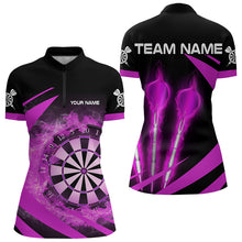 Load image into Gallery viewer, Black And Purple Fire Flame Darts Polo &amp; Quarter Zip Custom Dart Shirt For Women Darts League Jerseys TDM3480