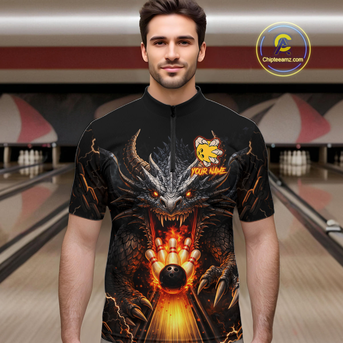 Personalized Dragon Bowling Jersey For Men Custom Fire Bowling League Team Shirt Polo & 1/4 Zip TDM6386