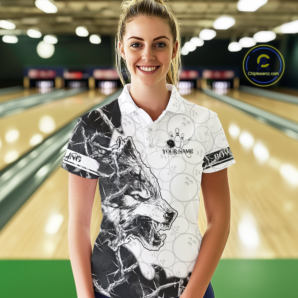 White Black Thorny Camo Wolf Bowling Shirt For Women Custom Bowling Team Jersey Polo & 1/4 Zip TDM6390