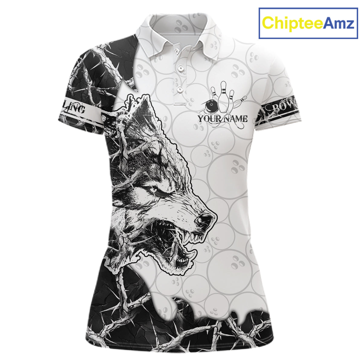 White Black Thorny Camo Wolf Bowling Shirt For Women Custom Bowling Team Jersey Polo & 1/4 Zip TDM6390
