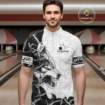 White Black Thorny Camo Wolf Bowling Shirt For Men Custom Bowling Team Jersey Polo & 1/4 Zip TDM6390