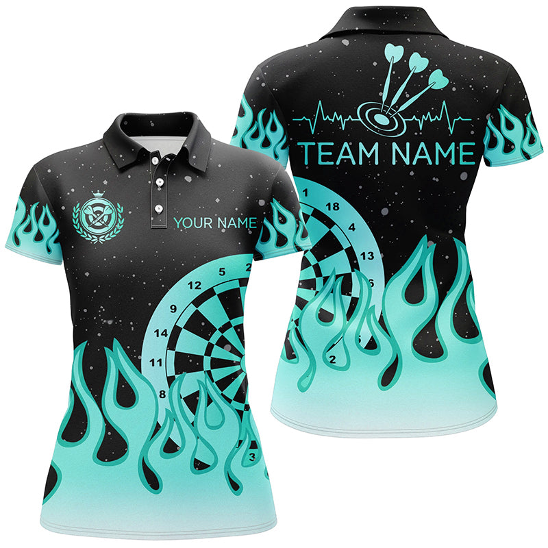 Turquoise Dartboard Fire Flame Women Darts Polo & Quarter-Zip Shirt Custom Team Jersey Darts Gifts TDM1663