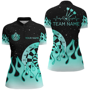 Turquoise Dartboard Fire Flame Women Darts Polo & Quarter-Zip Shirt Custom Team Jersey Darts Gifts TDM1663