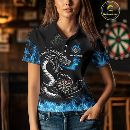 Personalized Blue Flaming Dragon Dart Shirts For Women Custom Darts Team Jerseys Polo & Quarter Zip TDM4060