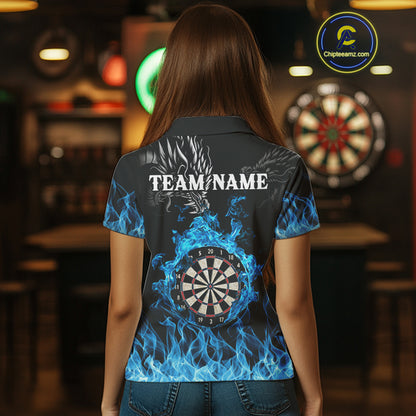 Personalized Blue Flaming Dragon Dart Shirts For Women Custom Darts Team Jerseys Polo & Quarter Zip TDM4060