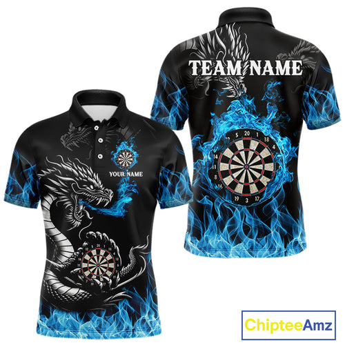 Personalized Blue Flaming Dragon Dart Shirts For Men Custom Darts Team Jerseys Polo & Quarter Zip TDM4060