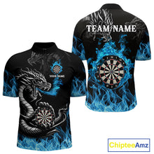 Load image into Gallery viewer, Personalized Blue Flaming Dragon Dart Shirts For Men Custom Darts Team Jerseys Polo &amp; Quarter Zip TDM4060