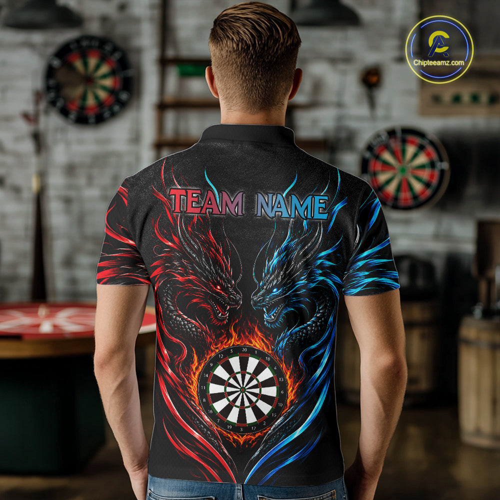 Blue And Red Custom Dragon Fire Darts Shirts For Men, Darts League Team Jersey Polo & Quarter Zip TDM6576