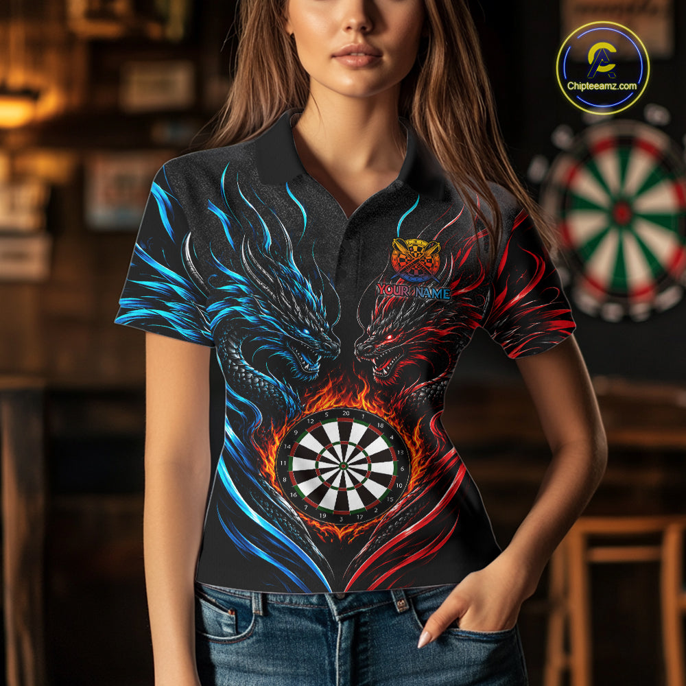 Blue And Red Custom Dragon Fire Darts Shirts For Women, Darts League Team Jersey Polo & Quarter Zip TDM6576