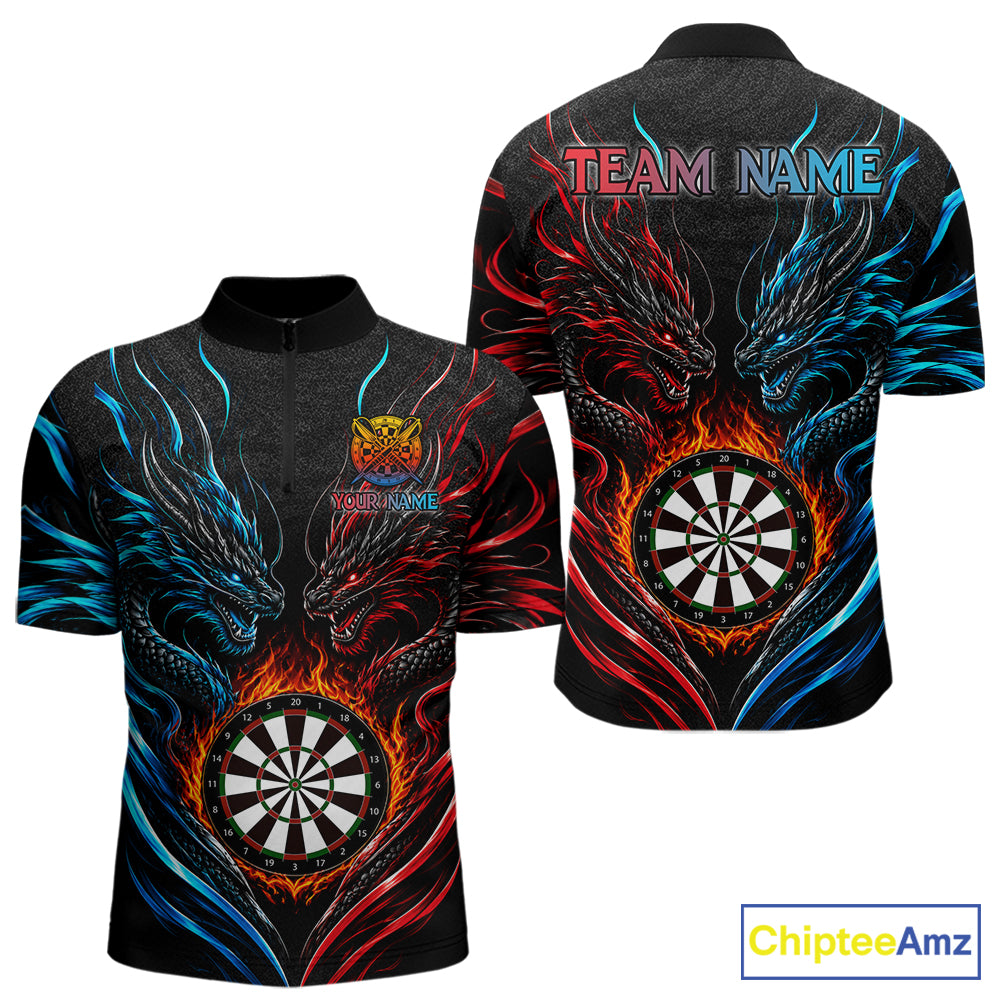 Blue And Red Custom Dragon Fire Darts Shirts For Men, Darts League Team Jersey Polo & Quarter Zip TDM6576