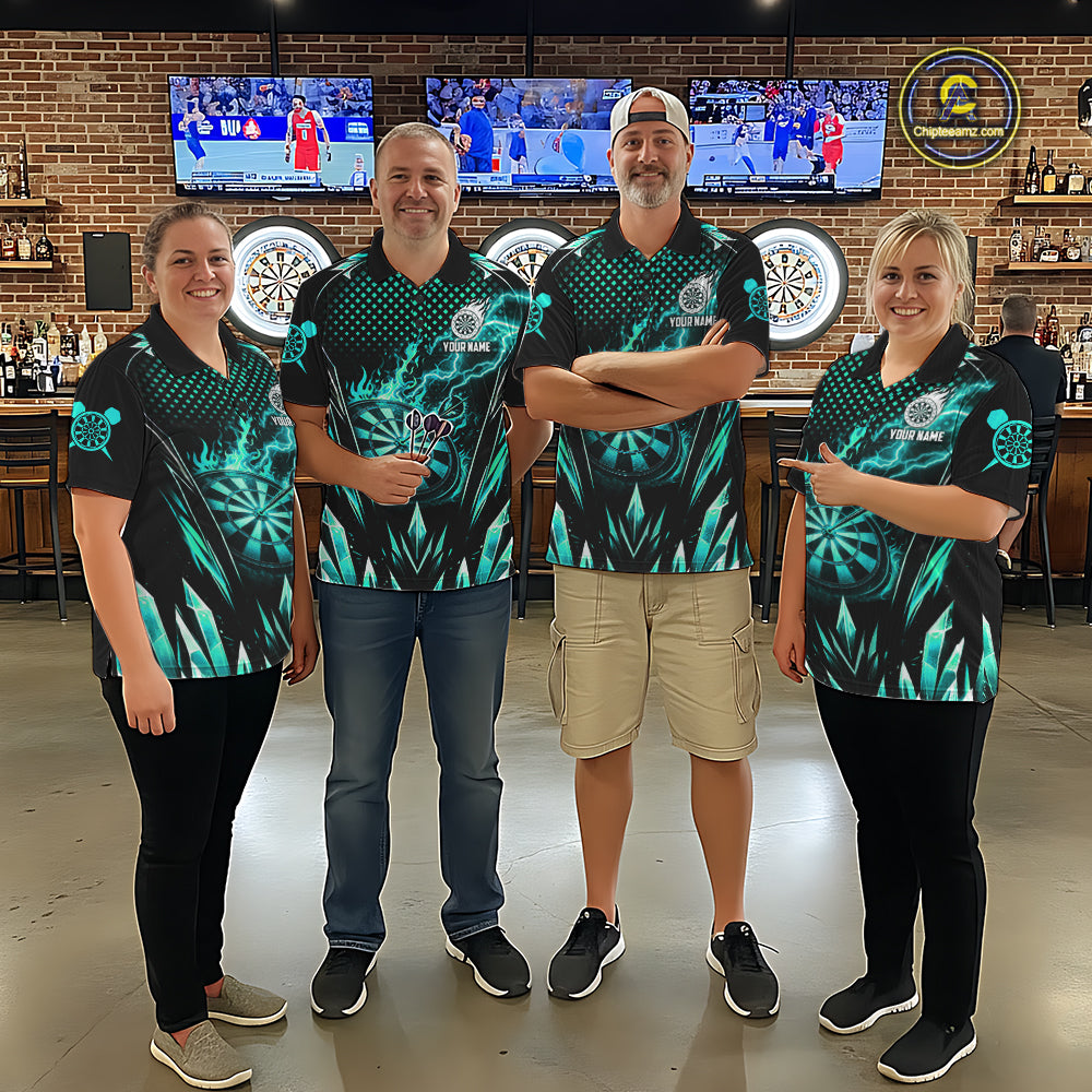 Customized Turquoise Flame Lightning Icy Darts Shirt For Men, Darts Team Jersey Polo & Quarter Zip TDM6579